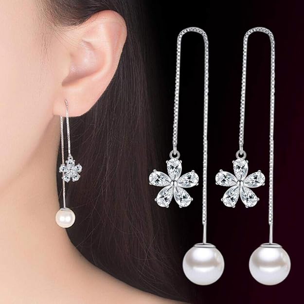Golden-Toned Cubic Zirconia Studded Floral Drop Earrings
