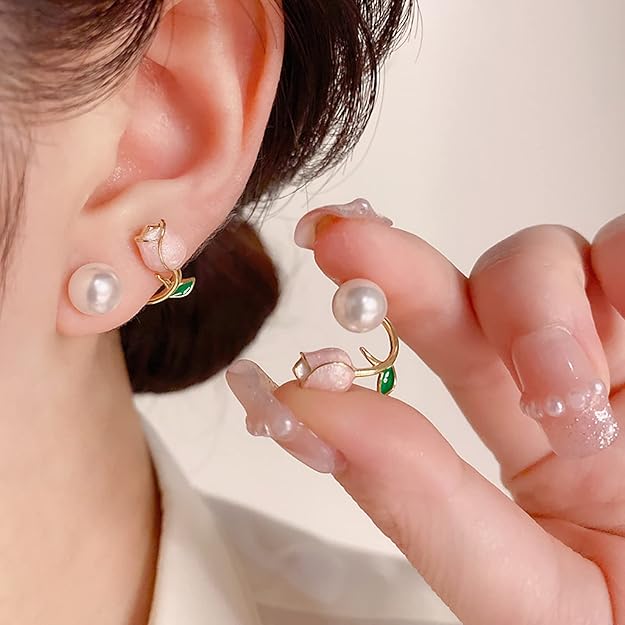 Pink Tulip with Pearl Stud Earrings