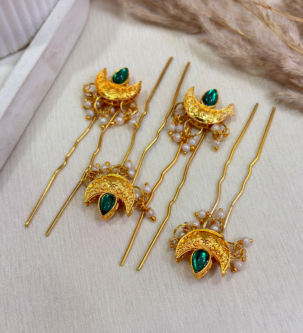 Zehra Moon Hair Pins- Green