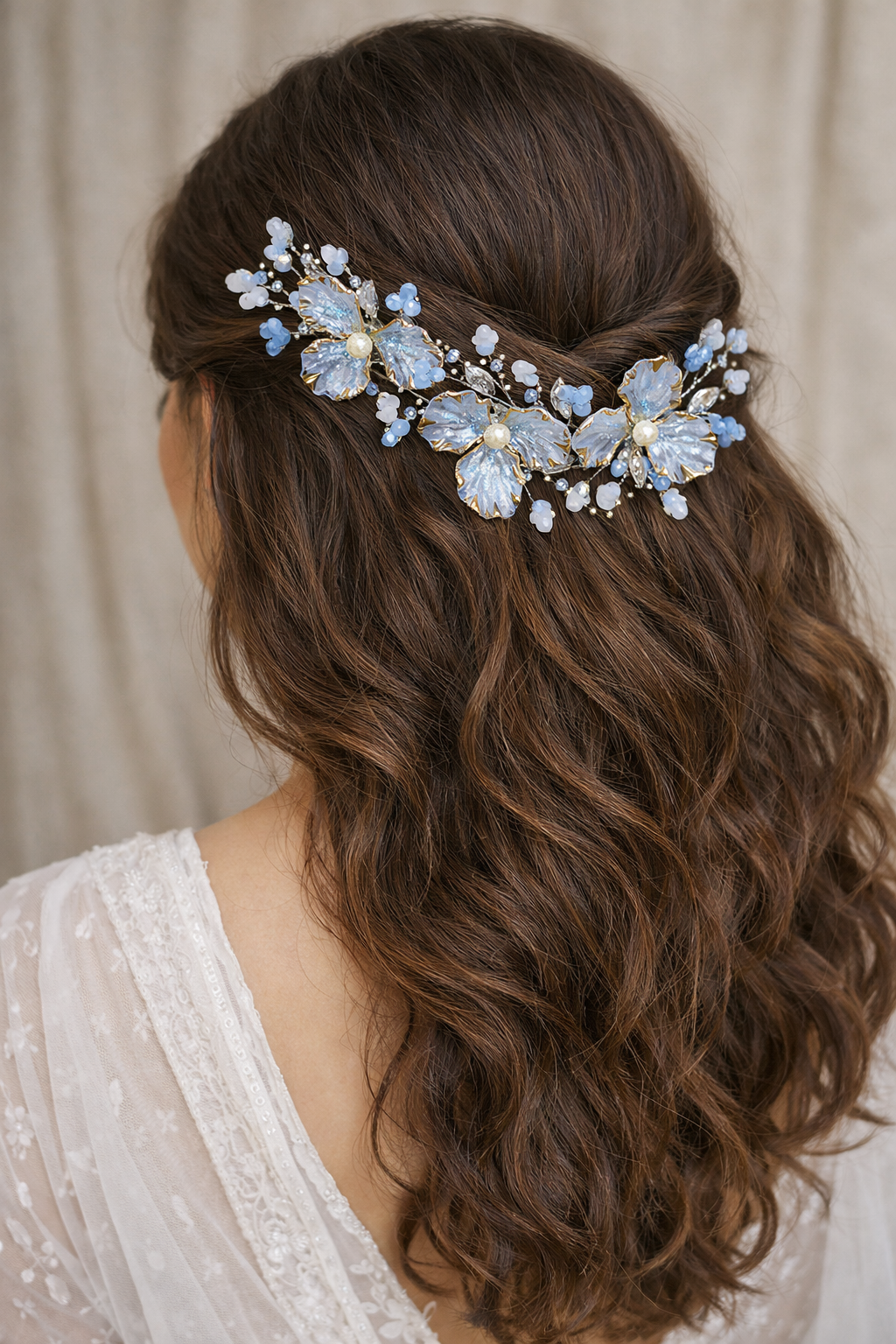 Light Blue Bloom Pearl Hair Vine