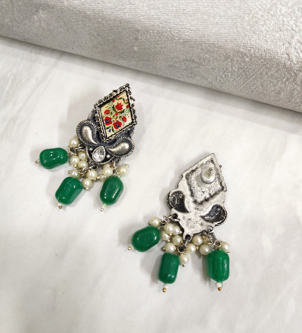 Meenakari Oxidised Handpainted Green Pearl Drop Earring