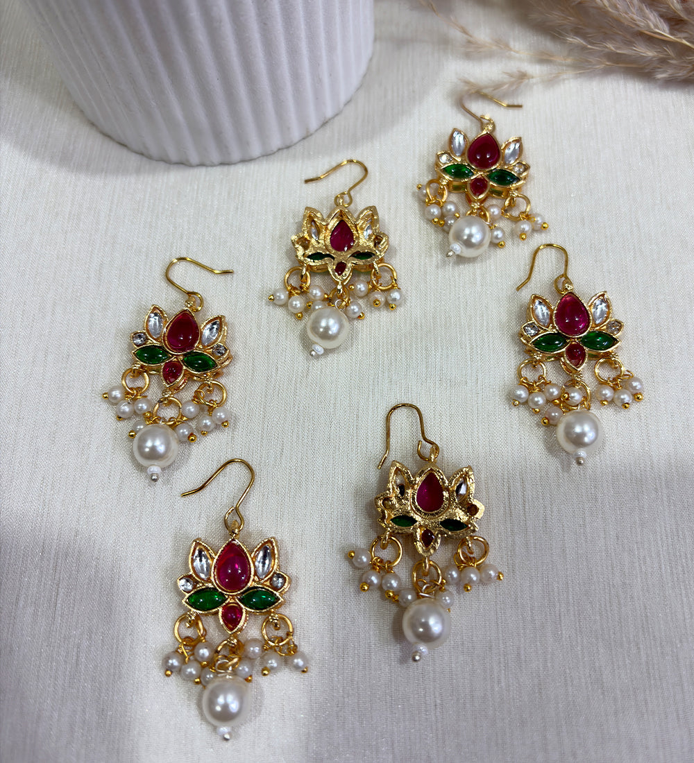 Royal Kundan Lotus Pearl Danglers