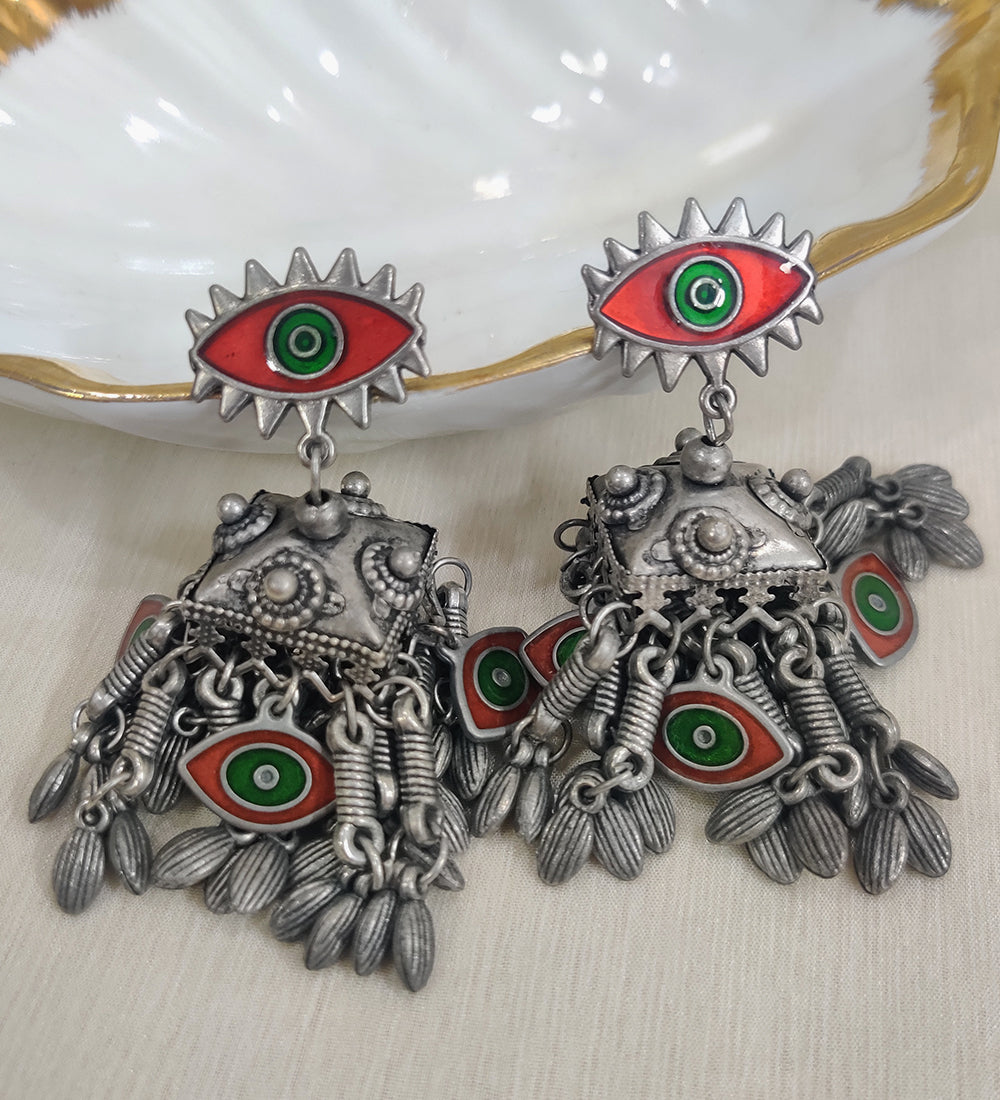 Red Evil Eye Oxidised Earrings