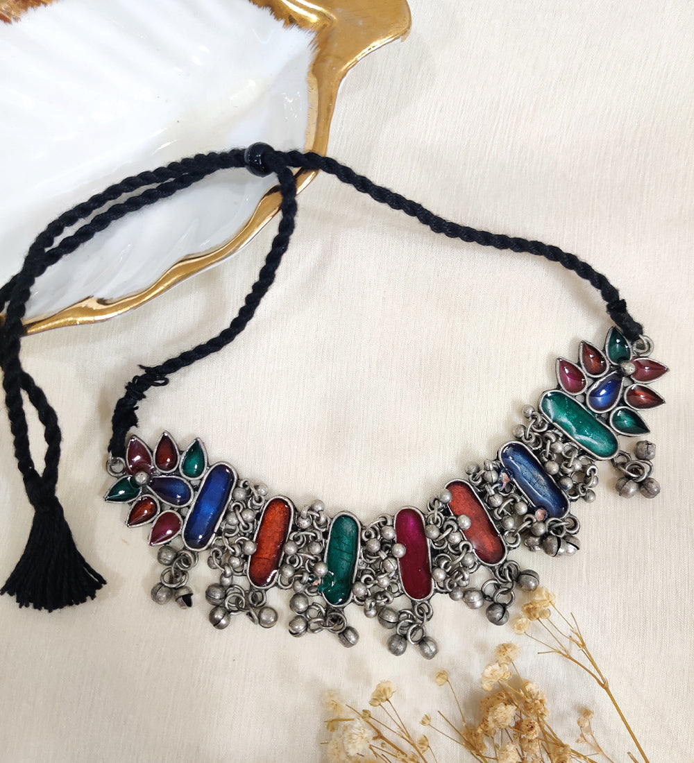 Oxidised Silver Afghani Ghungroo Choker with Earrings