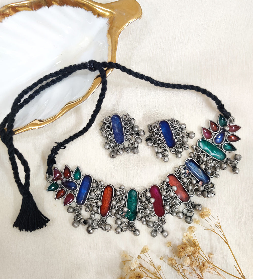 Oxidised Silver Afghani Ghungroo Choker with Earrings