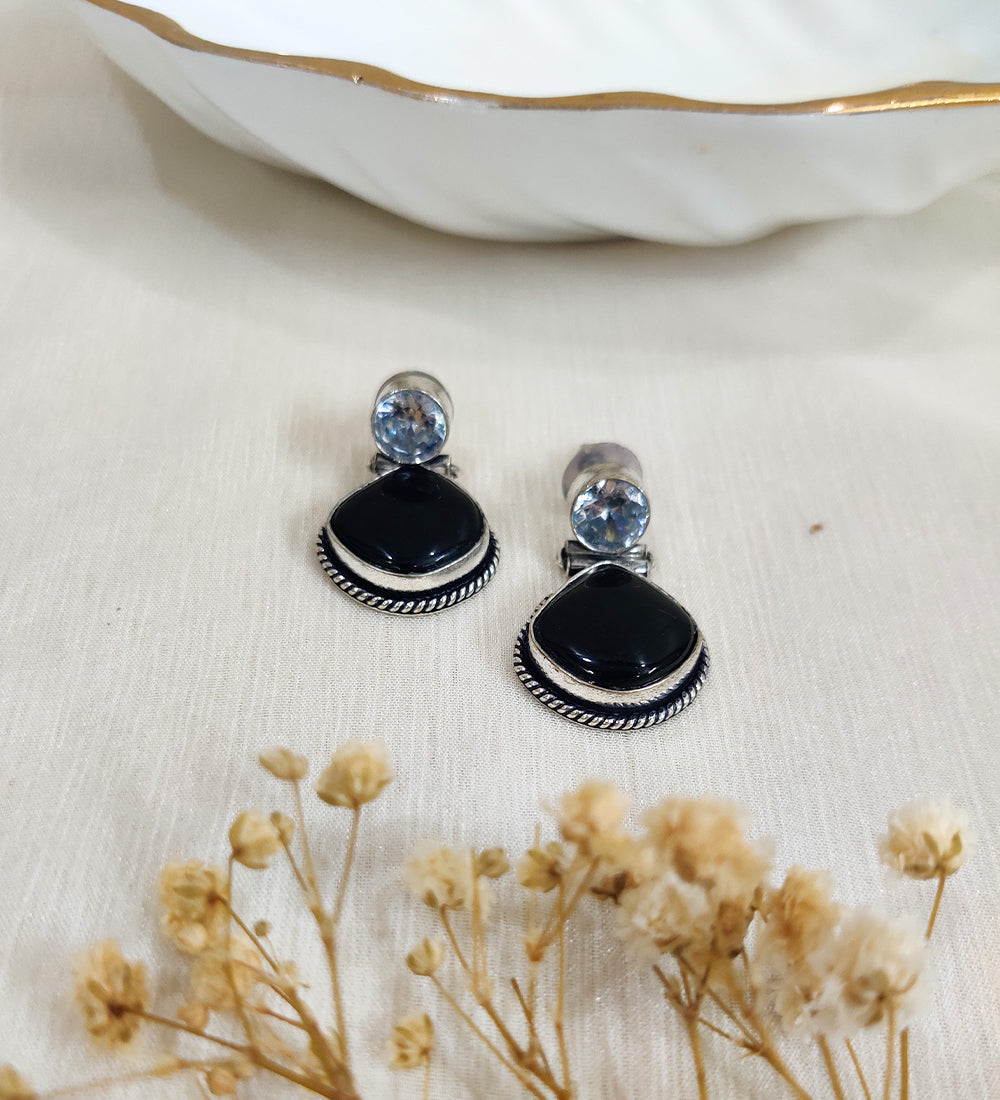 Black Dazzling Stone Silver Plated Fusion Stone Studded Earrings