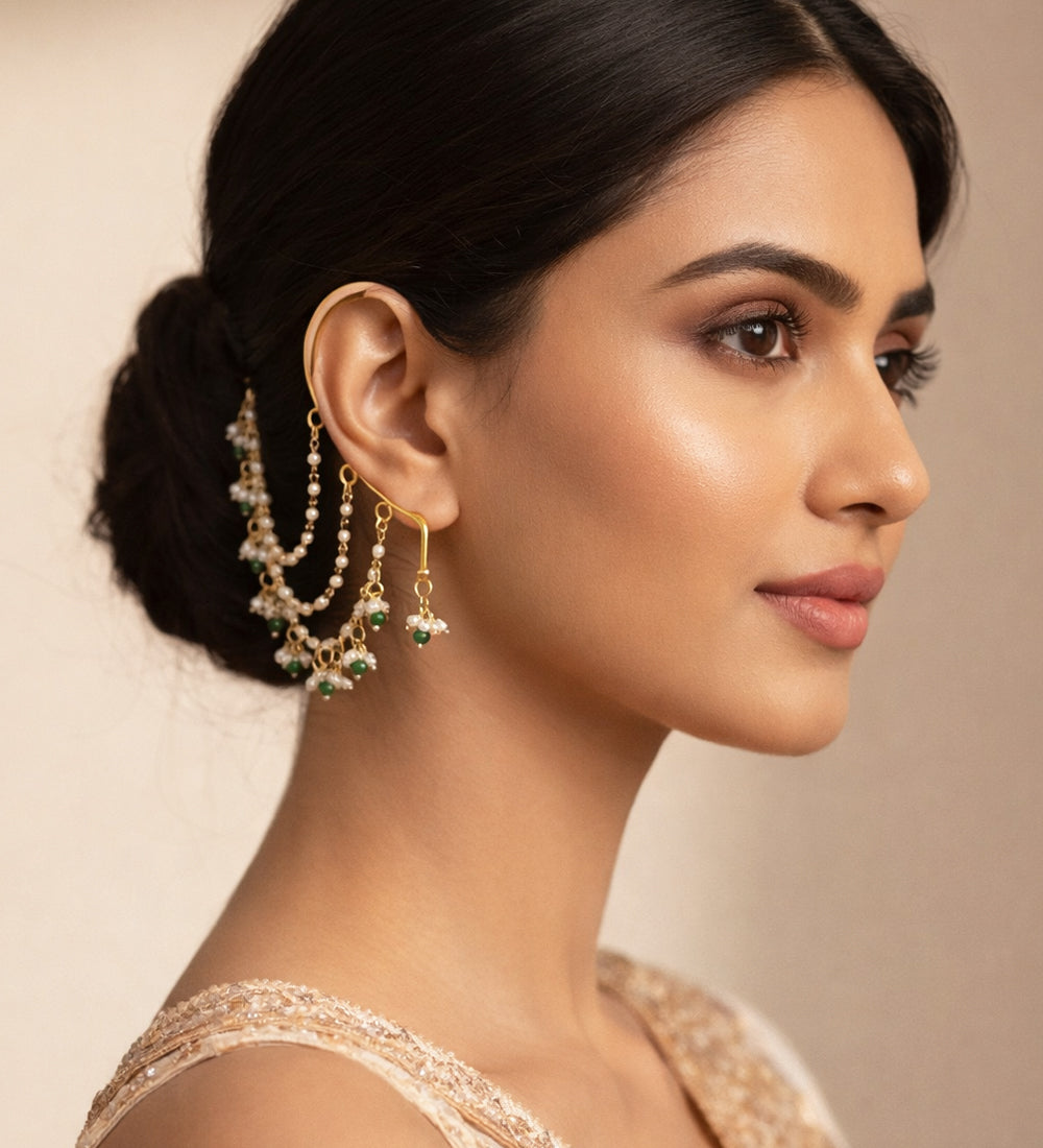Pearl Grace Ear Chains with Emerald Touc