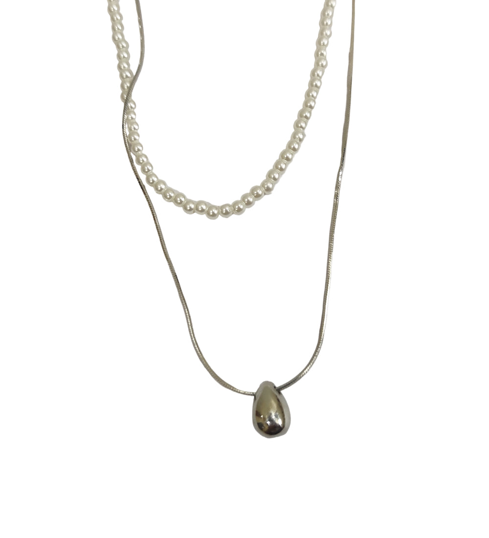 Double Layer Pearl and Silver Neck Chain with Tear Drop Pendent
