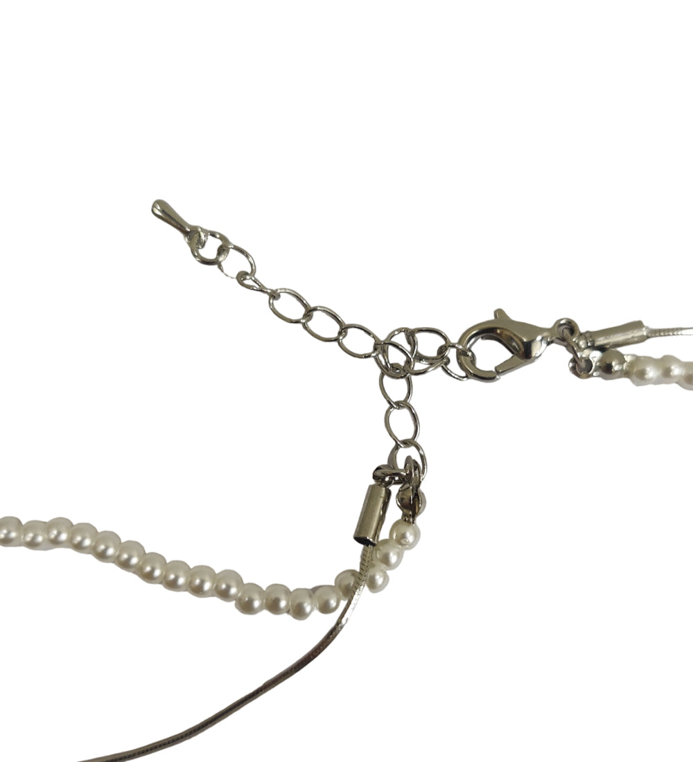 Double Layer Pearl and Silver Neck Chain with Tear Drop Pendent