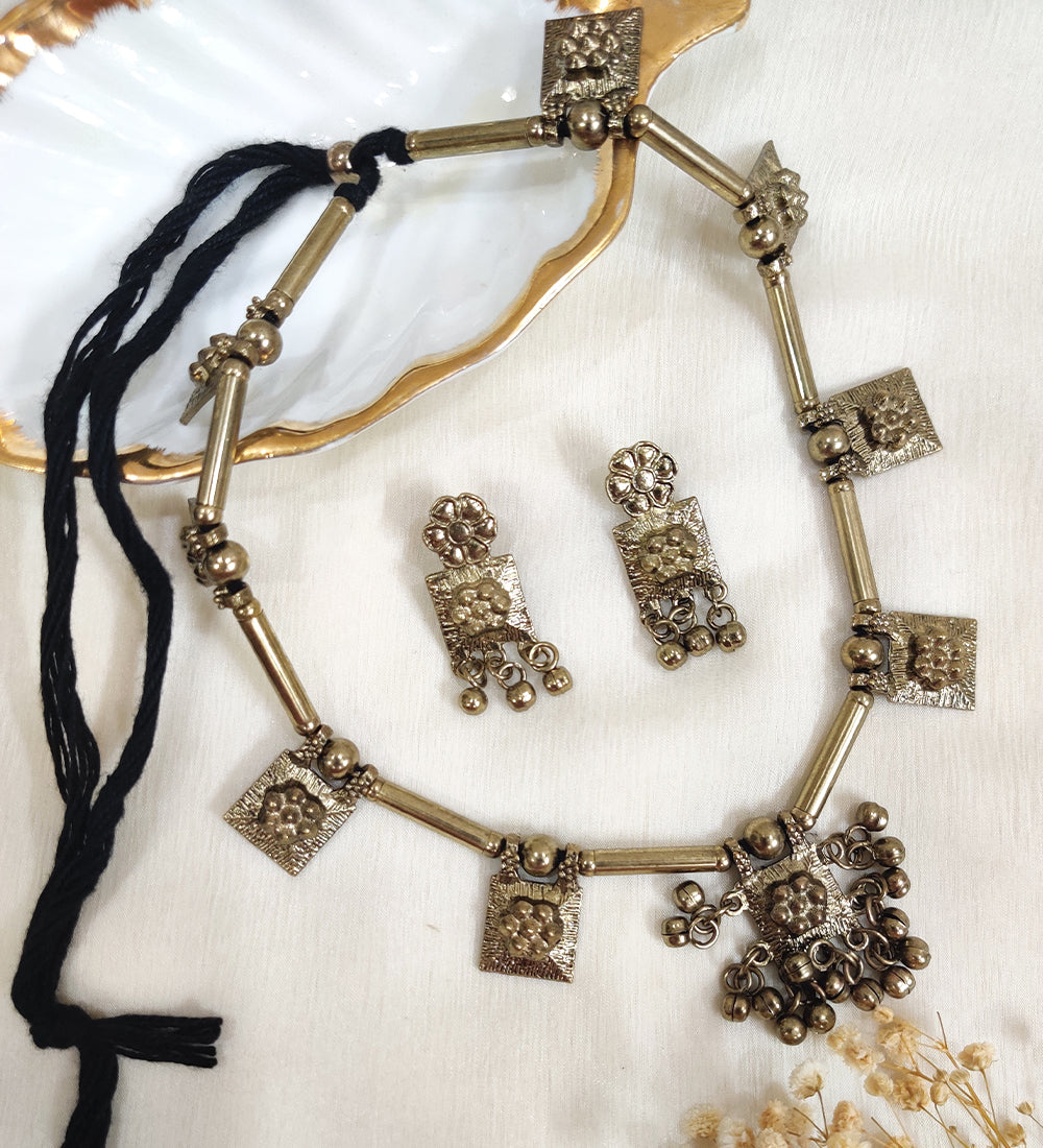 Golden Afghani Ghungroo Oxidised Necklace Set