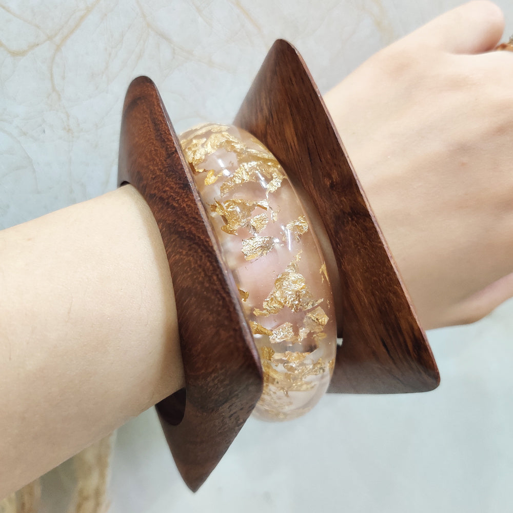 Wood & Resin Bangle with Gold Foil Flakes Stack