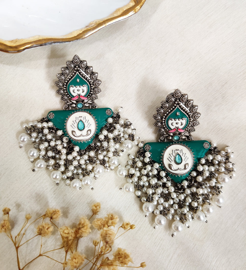 Turquoise Oxidised Pearl Earrings