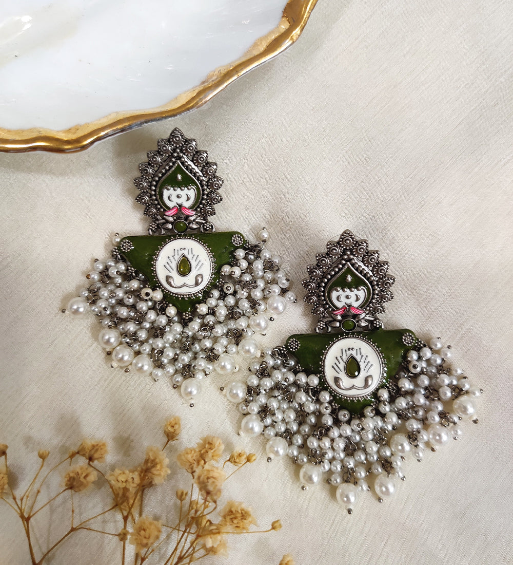 Mehndi Green Oxidised Pearl Dangle Earrings