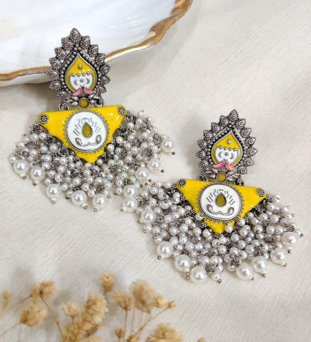 Yellow Oxidised Pearl Dangle Earrings