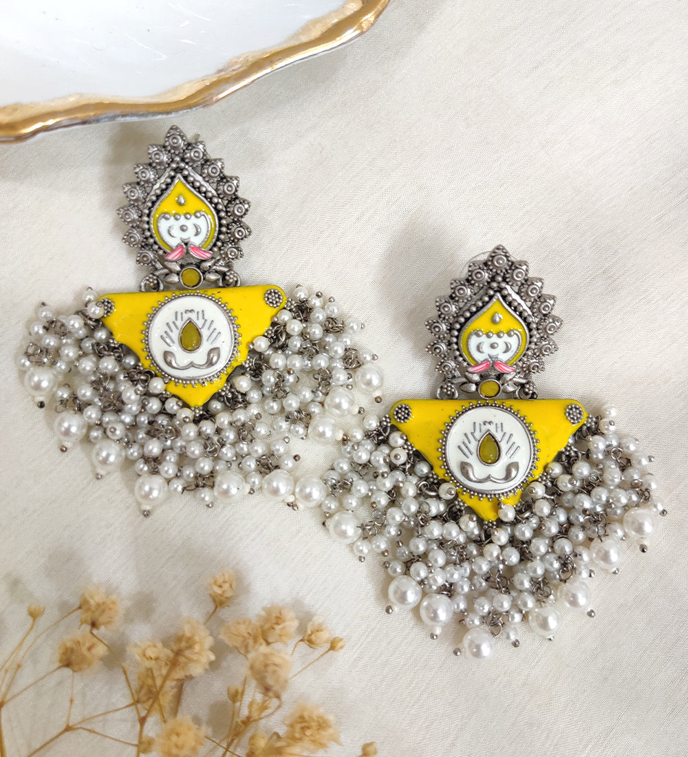 Yellow Oxidised Pearl Dangle Earrings