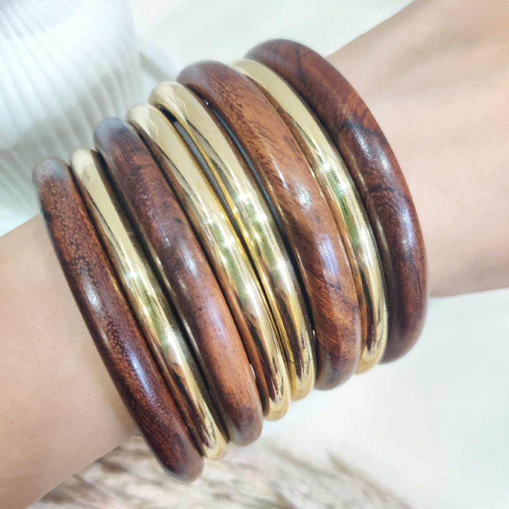 Vintage Wood & Gold Finish Bangles Stack