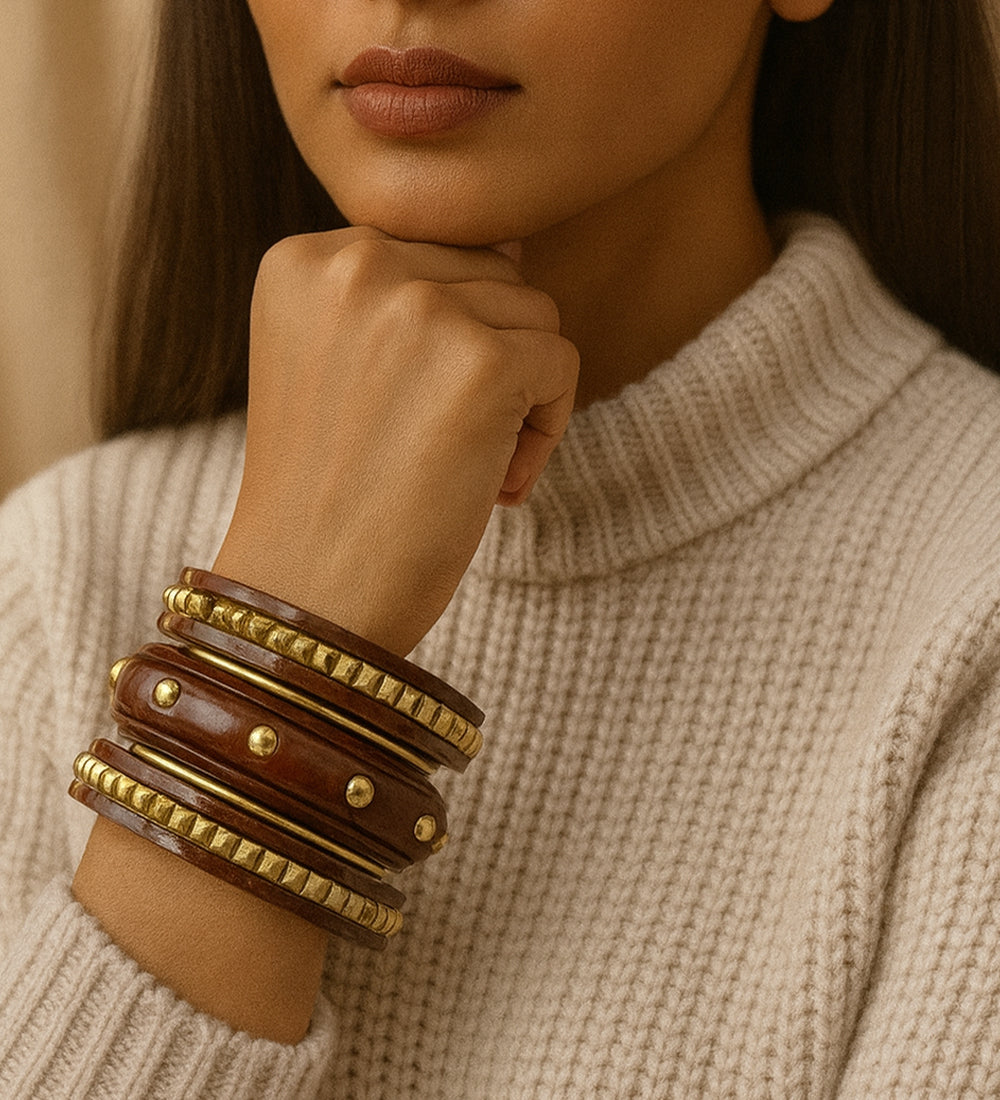Designer Wooden & Gold Stud Bangles |Set of 5 Bangle