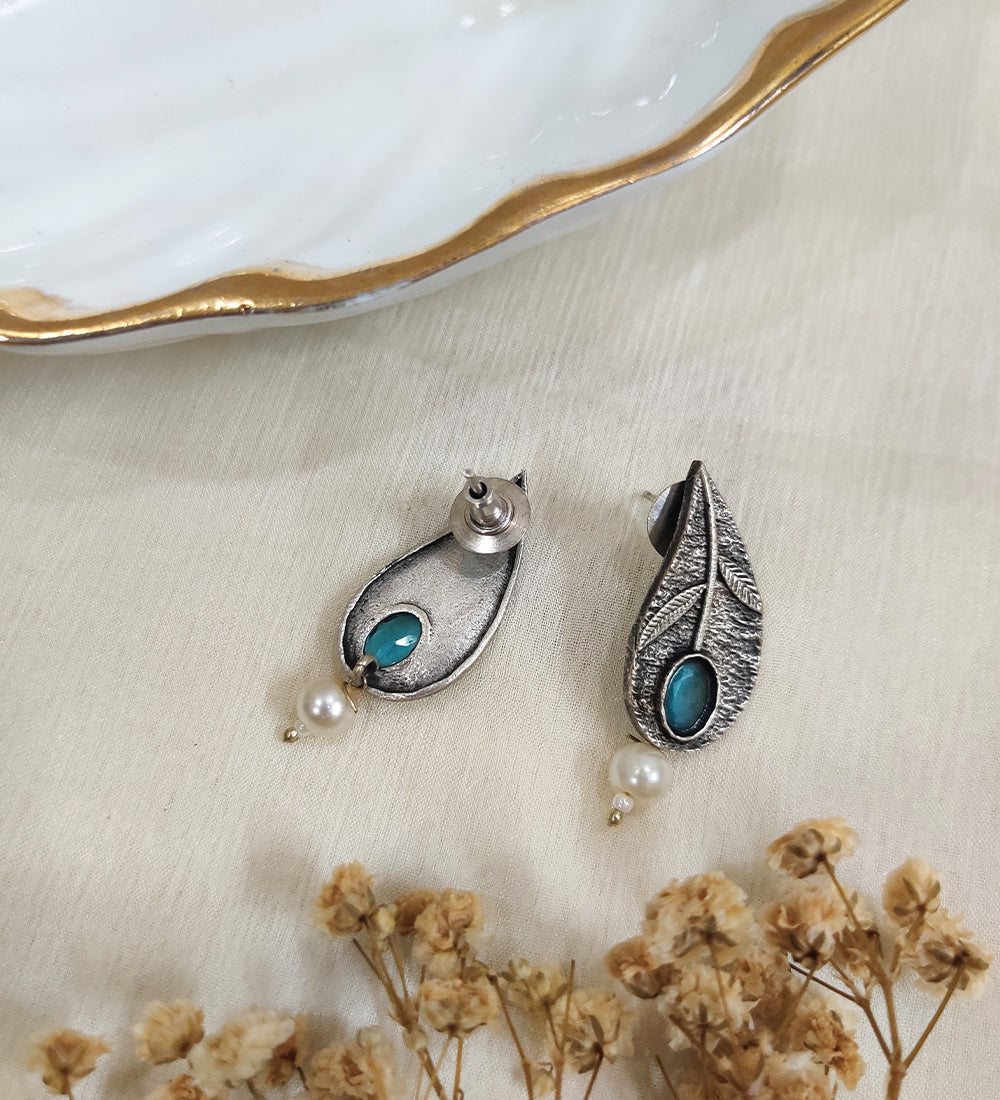Oxidised Leaf with Blue Stone Stud Earrings