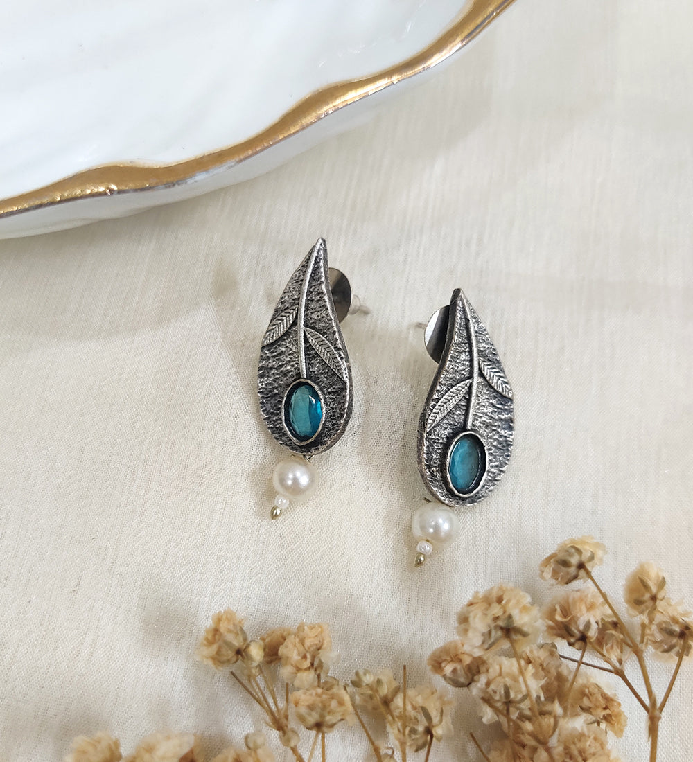 Oxidised Leaf with Blue Stone Stud Earrings