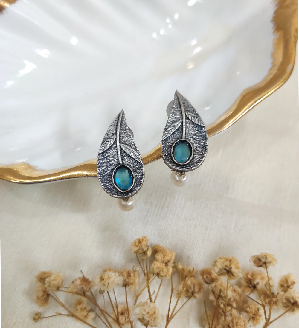 Oxidised Leaf with Blue Stone Stud Earrings