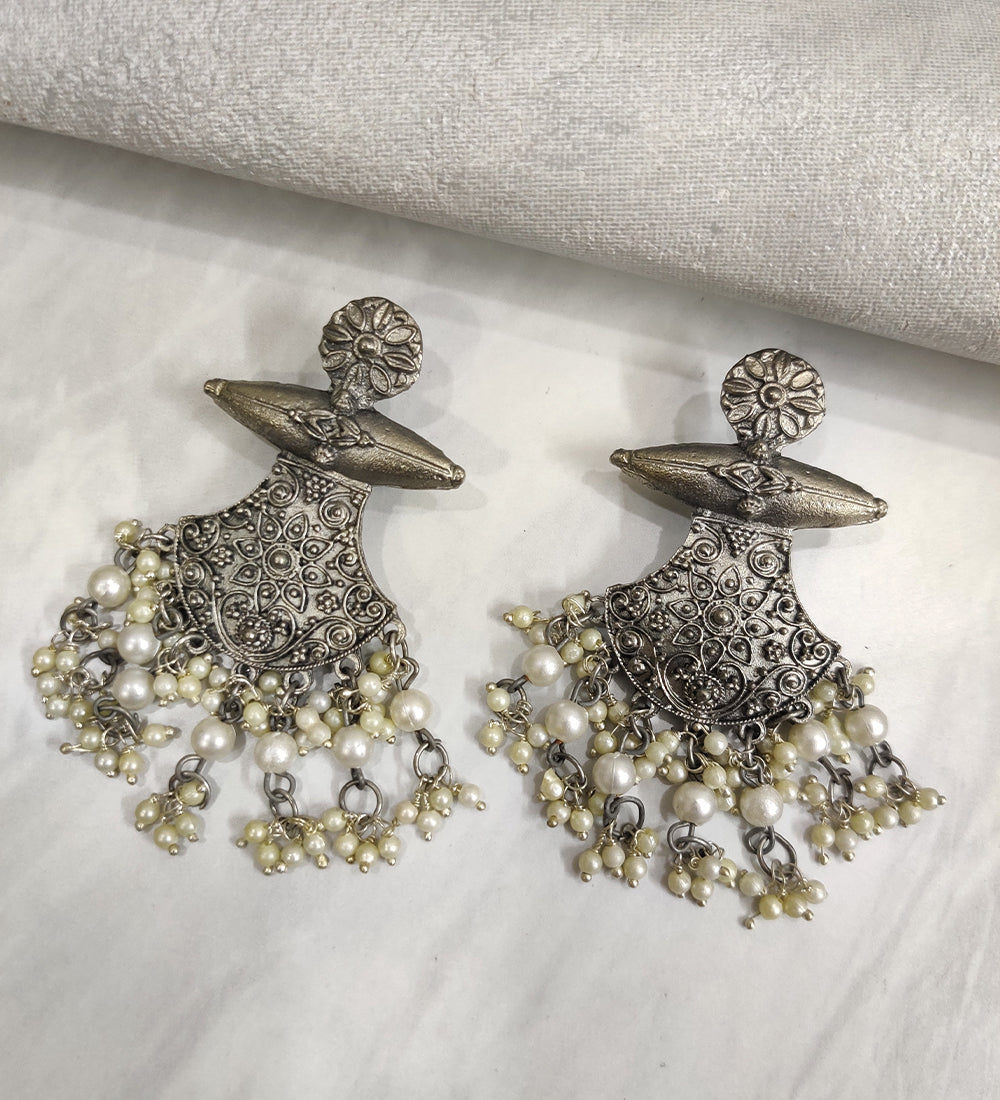 German Silver Pearl Drop Oxidised Afghani Earrings