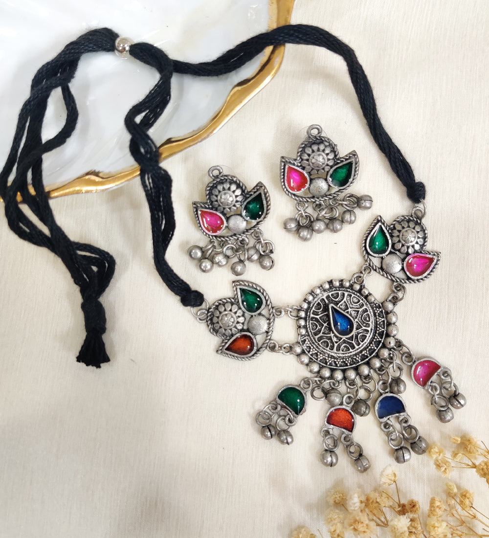 Multicolour Oxidised Choker and Earring Set