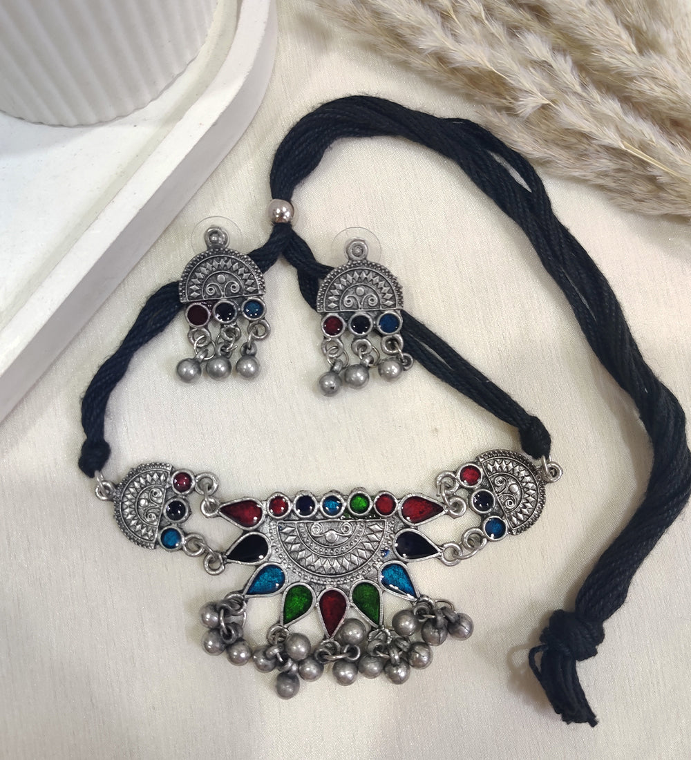 Handcrafted Boho Choker Set – Antique Silver Finish with Beads