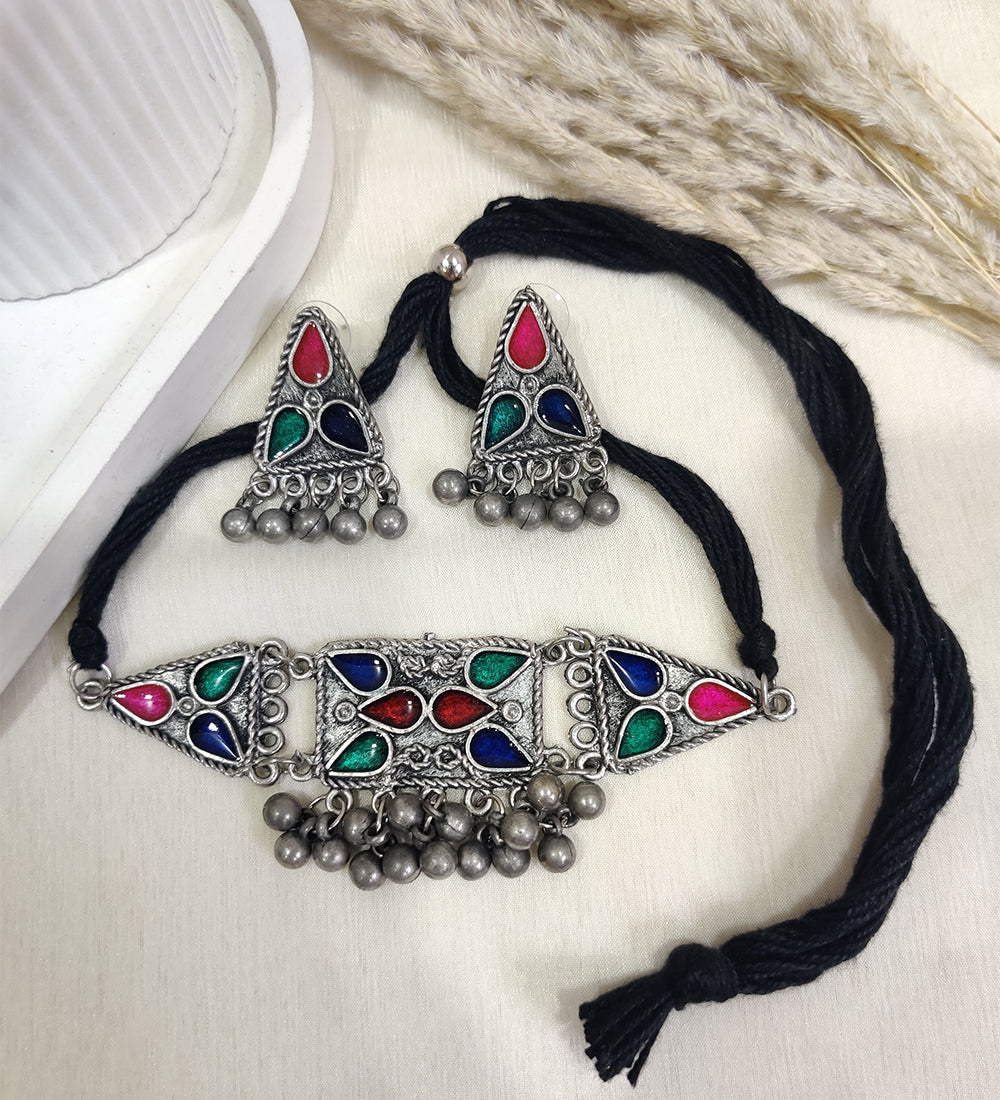Boho Tribal Silver Necklace & Earrings Set
