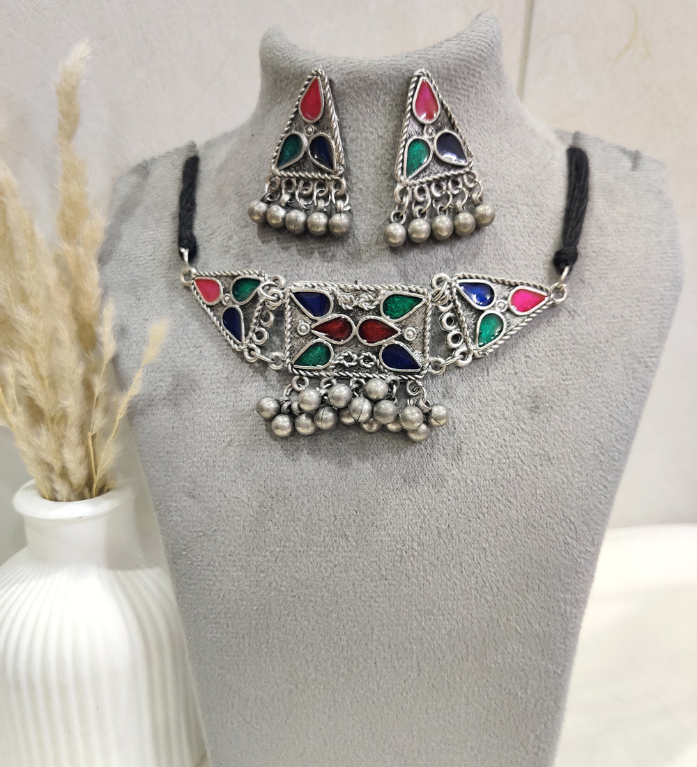 Boho Tribal Silver Necklace & Earrings Set