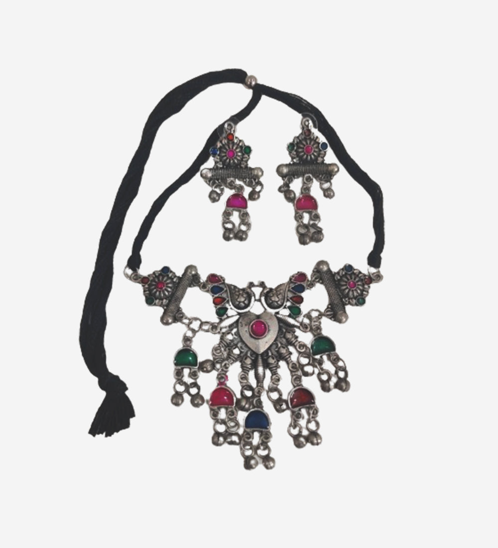 Afghani Meenakari Oxidised Choker with Earrings