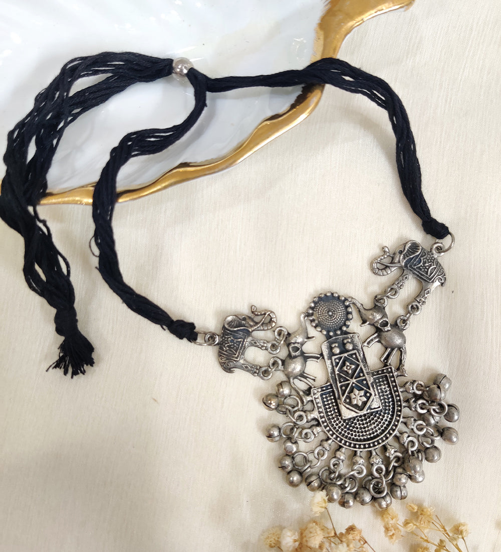 Elephant Motif Oxidised Adjustable Choker Set with Earrings