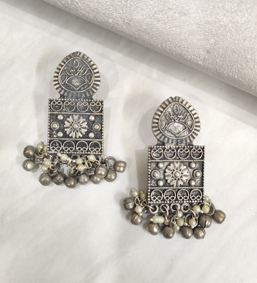 Silver Oxidised Drop Ghungroo Banjara Style Earrings
