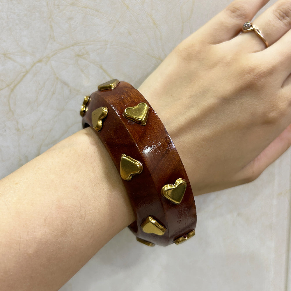 Handcrafted Wooden Bangle with Golden Heart Studs