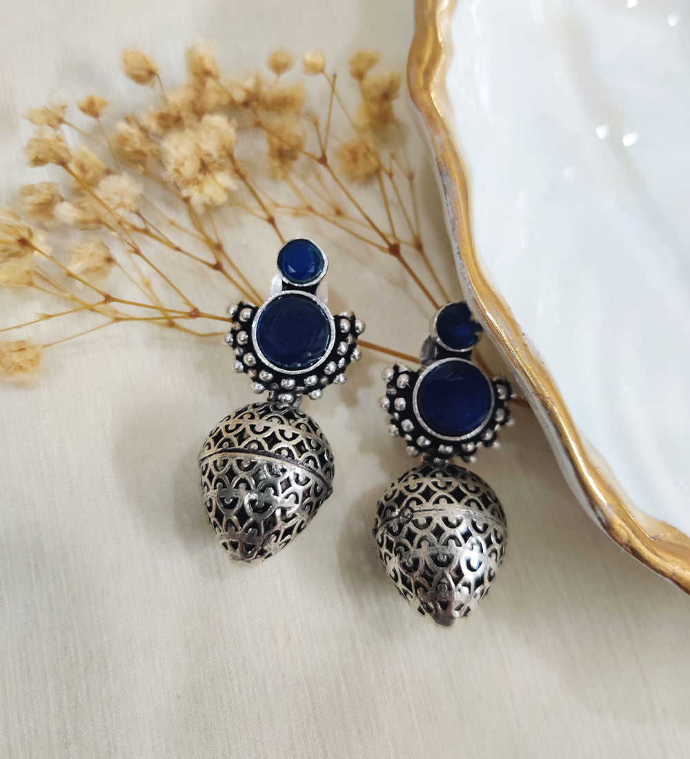 Blue stone Studded Oxidised Drop Earrings