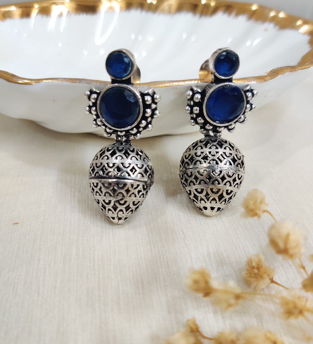 Blue stone Studded Oxidised Drop Earrings
