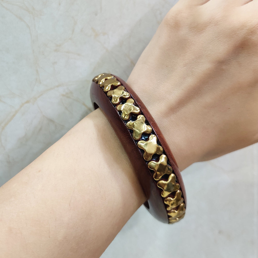 Brown Handcrafted Cuff with Gold Floral Studs Bangle