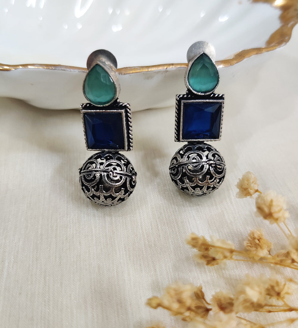Stone Studded Oxidised Ball Drop Earrings