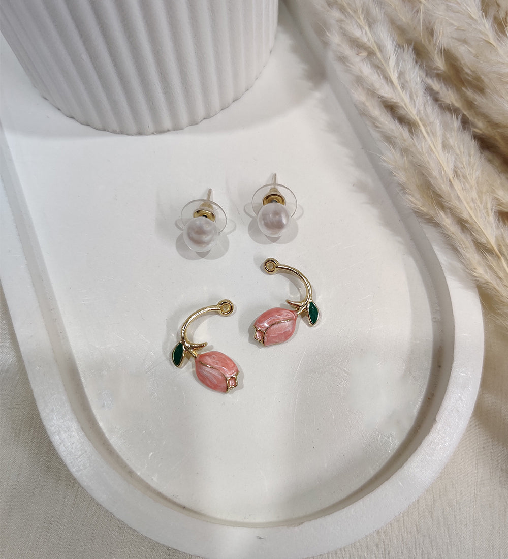 Pink Tulip with Pearl Stud Earrings