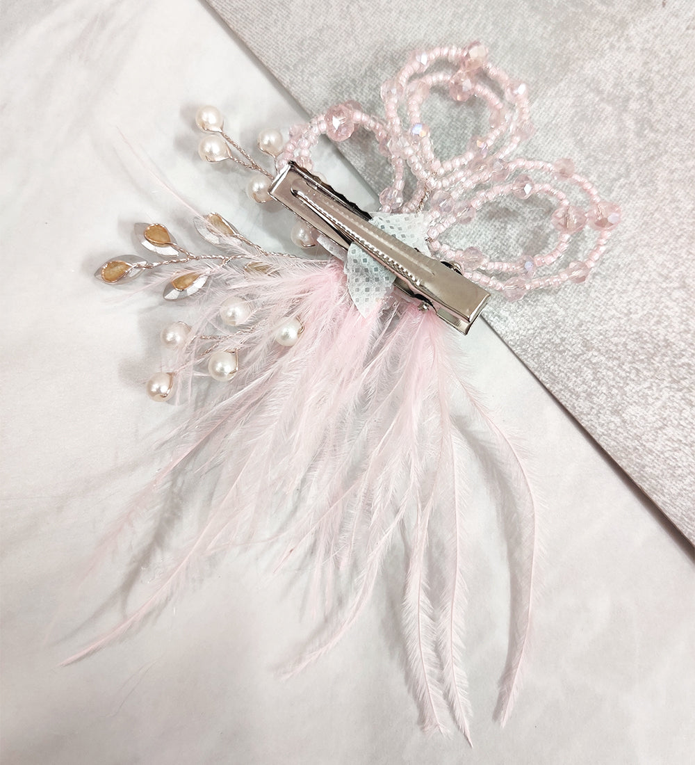 Pink Feather Crystal Flower Hair Clip