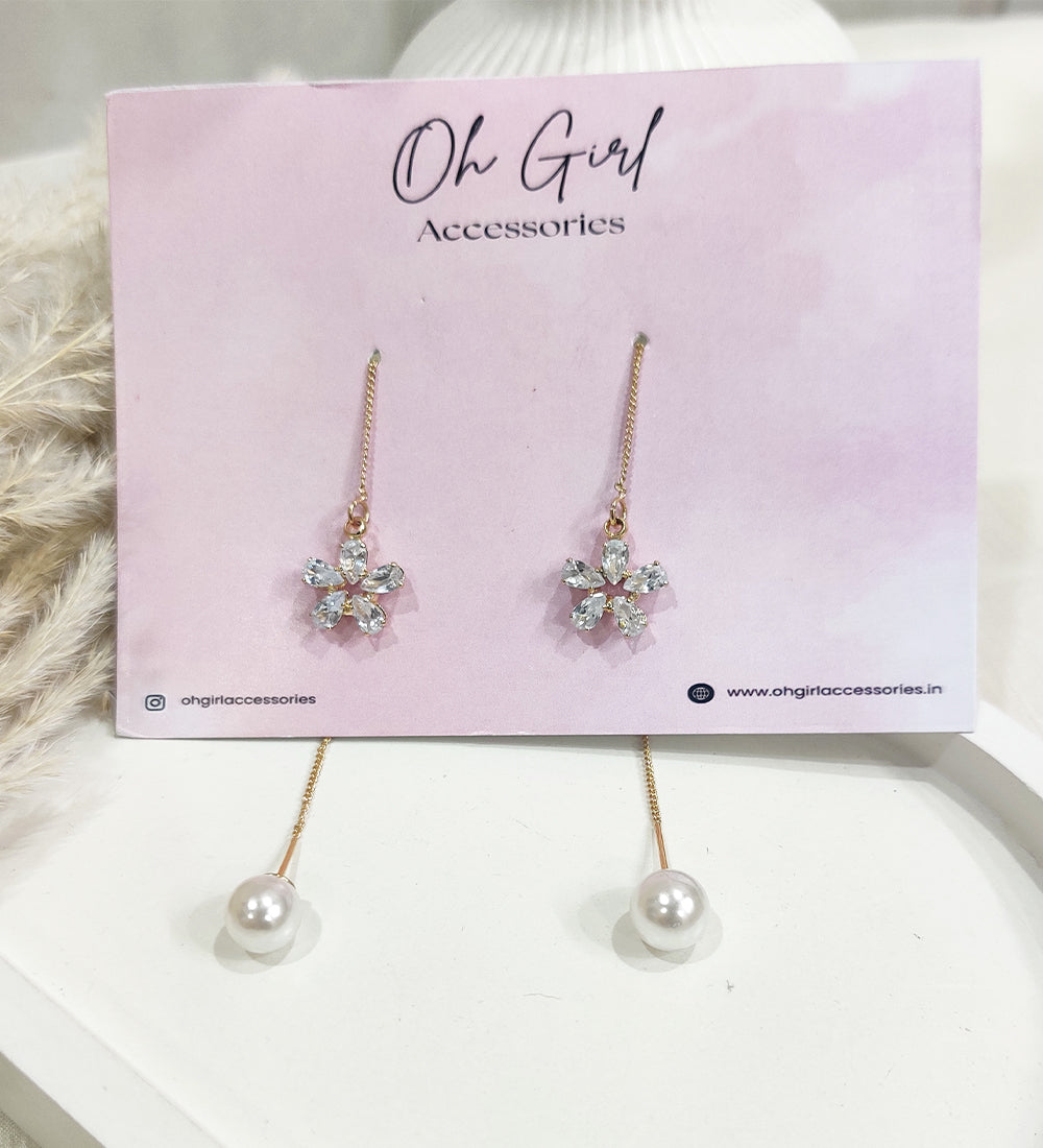 Golden-Toned Cubic Zirconia Studded Floral Drop Earrings