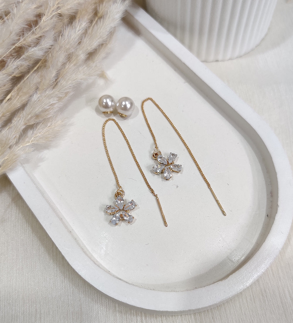 Golden-Toned Cubic Zirconia Studded Floral Drop Earrings