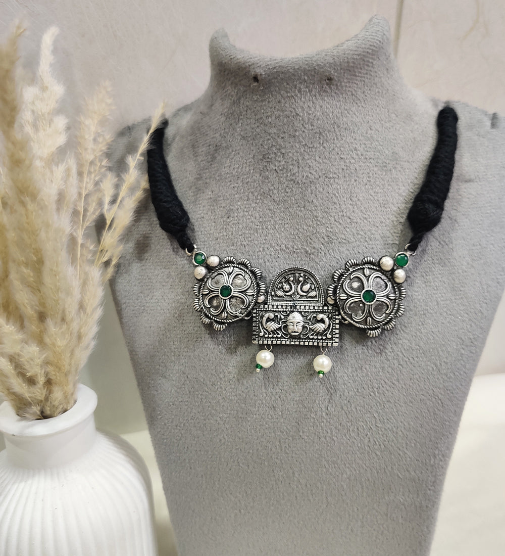 Oxidized Silver Tribal Necklace with Stone & Pearl Detailing