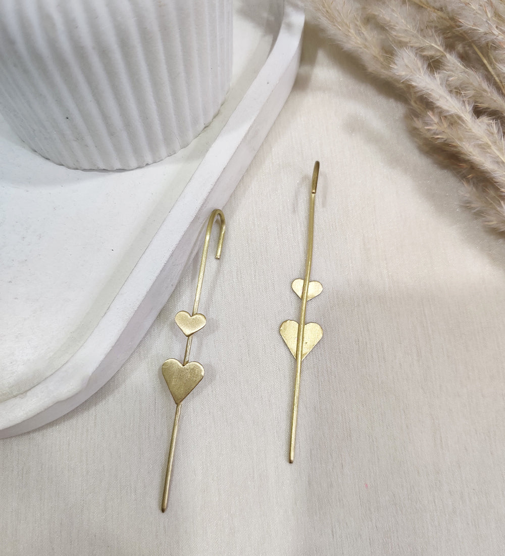 Gold Double Heart Long Drop Earrings