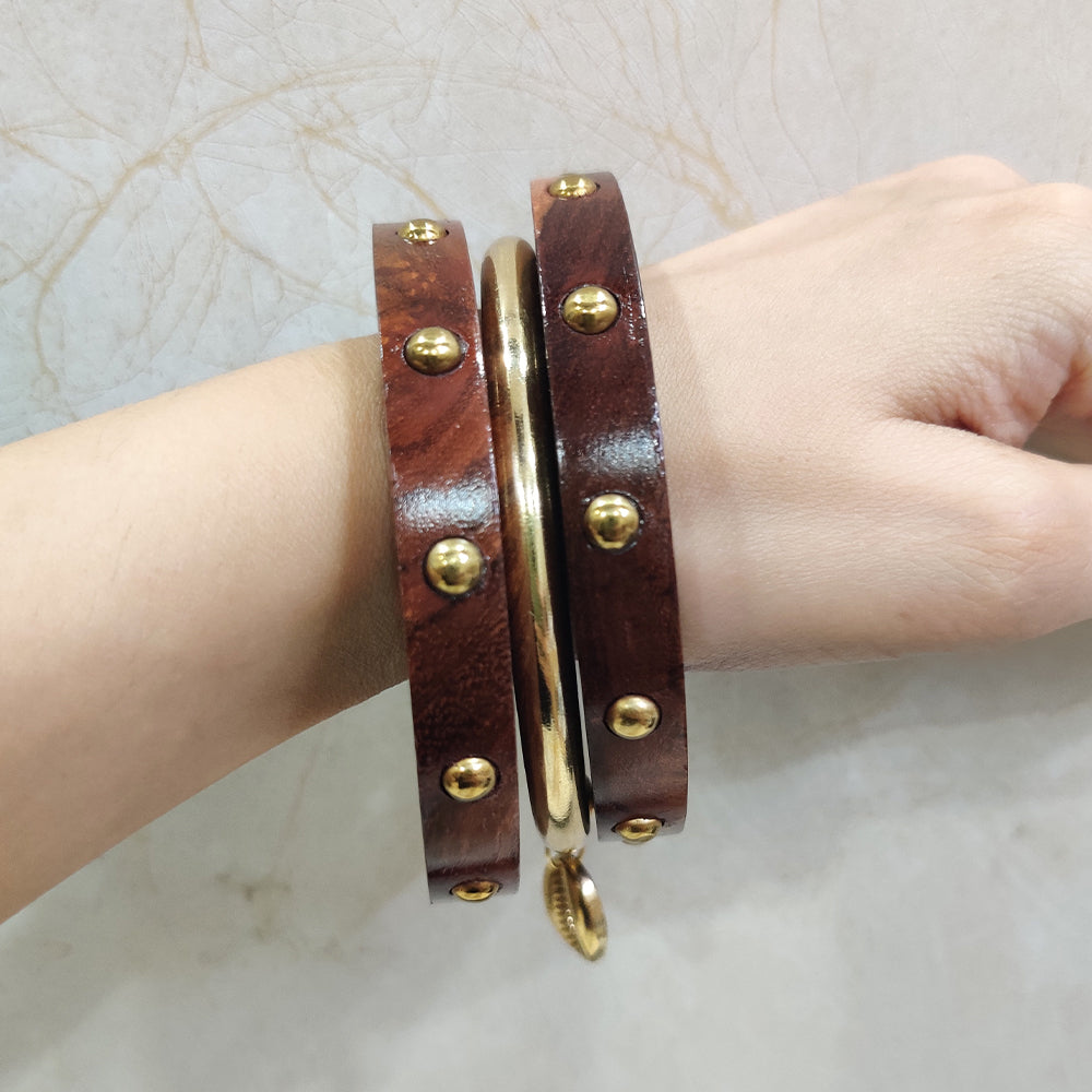 Rustic Wooden Bangles with Gold Cowrie Charm
