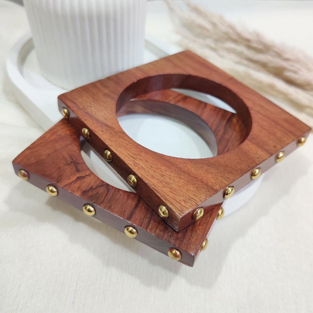 Square Wooden Bangle with Gold Studs