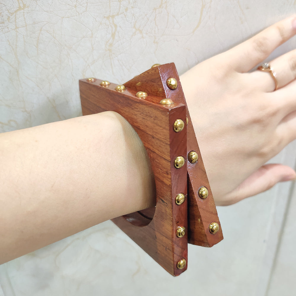 Square Wooden Bangle with Gold Studs