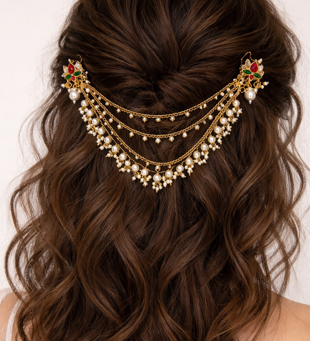 Gold & Pearl Bridal Back Hair Chain
