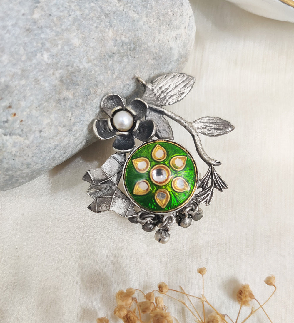Oxidised Flower & Green Meenakari Adjustable Ring