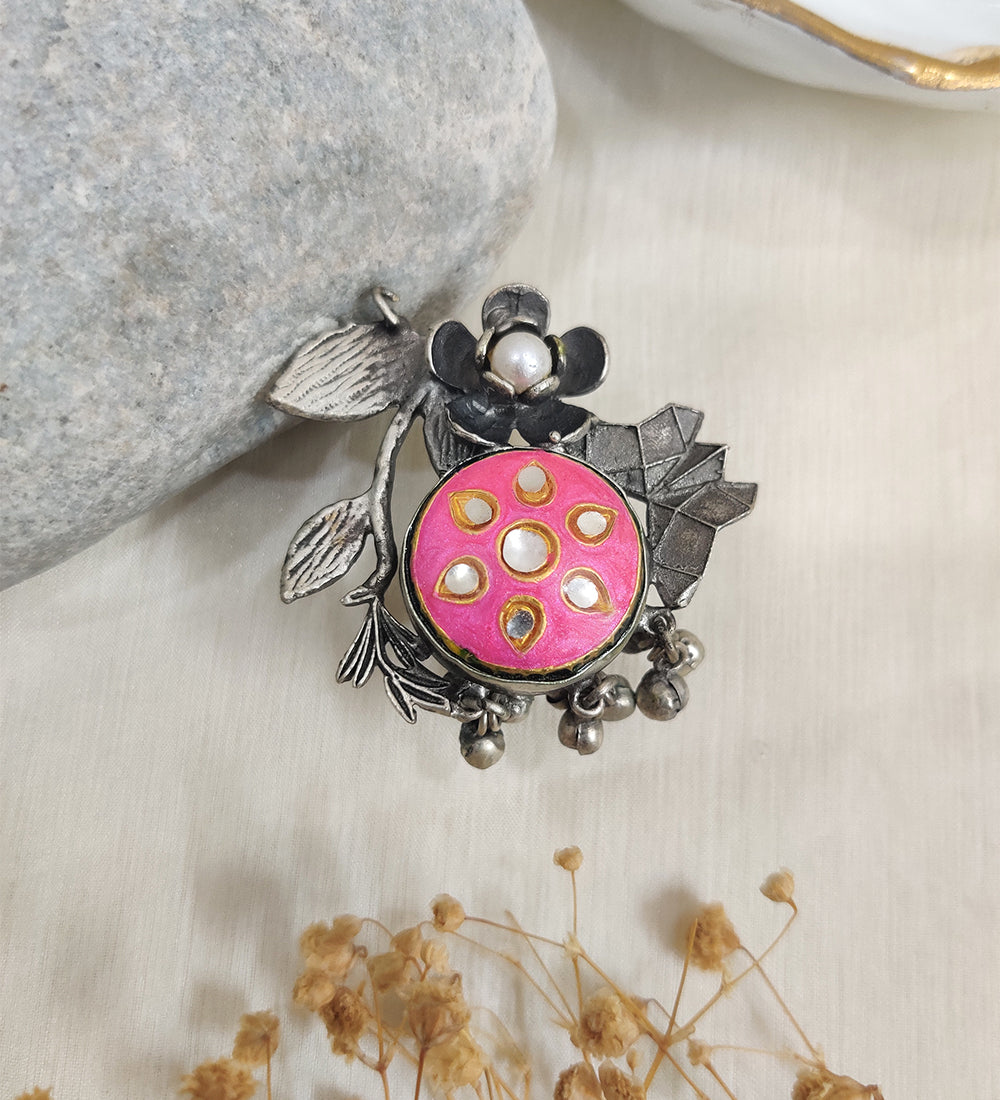Oxidised Flower & Pink Meenakari Adjustable Ring