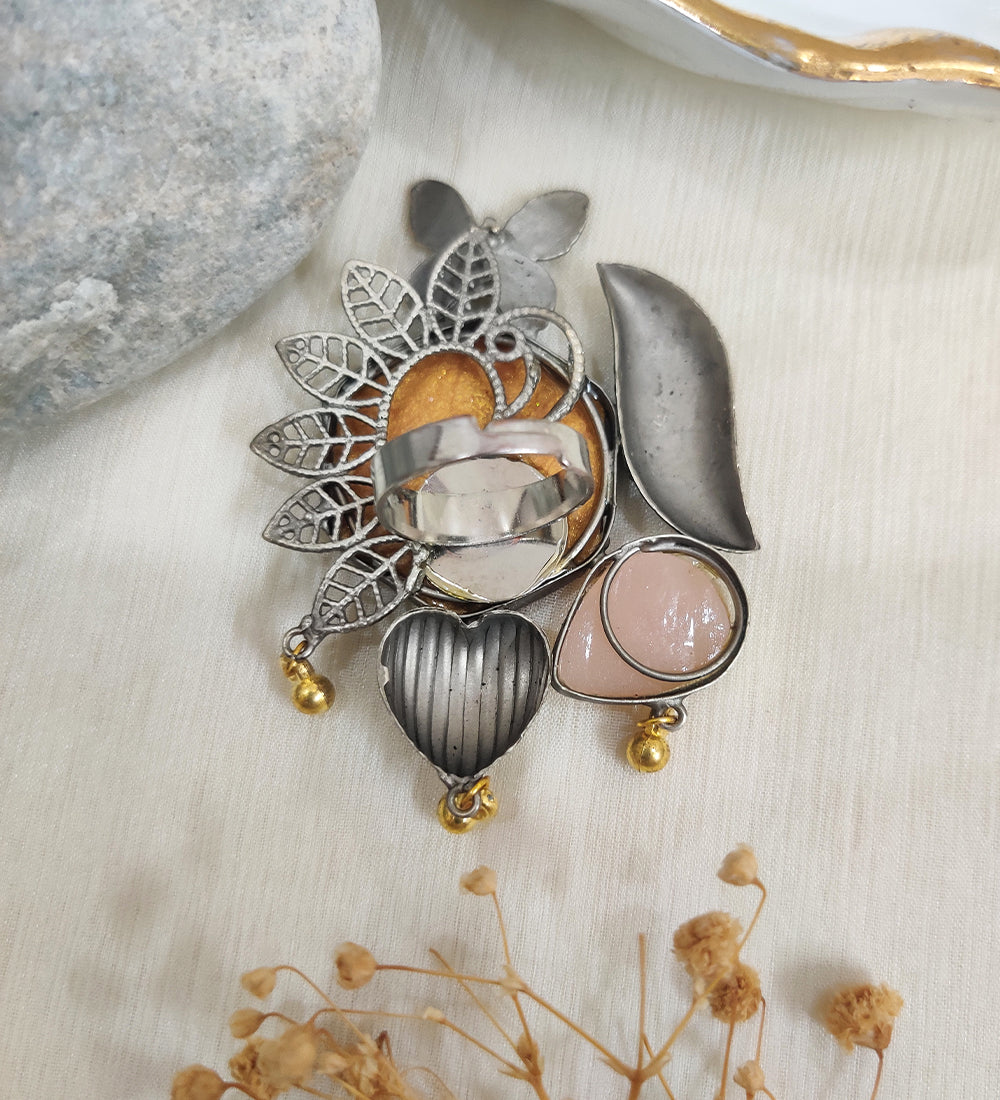 Oxidised Butterfly & Peach Meenakari And Monalisa Stone Adjustable Ring